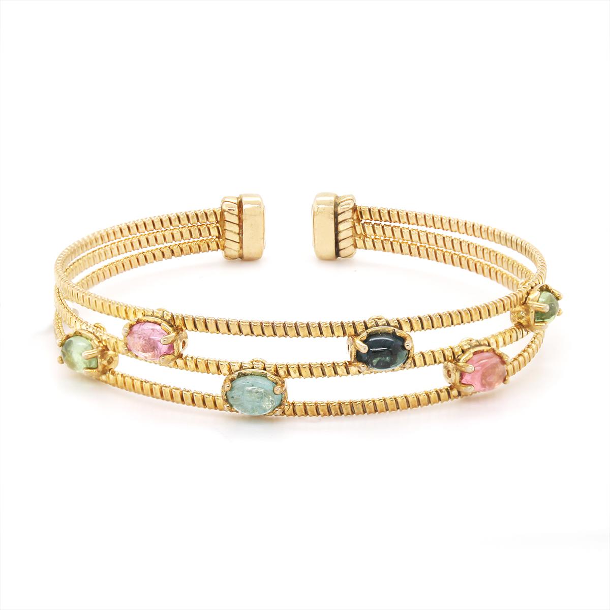 GOLD TONE SILVER MULTICOLORED TOURMALINE FLEXIBLE BANGLE BRACELET