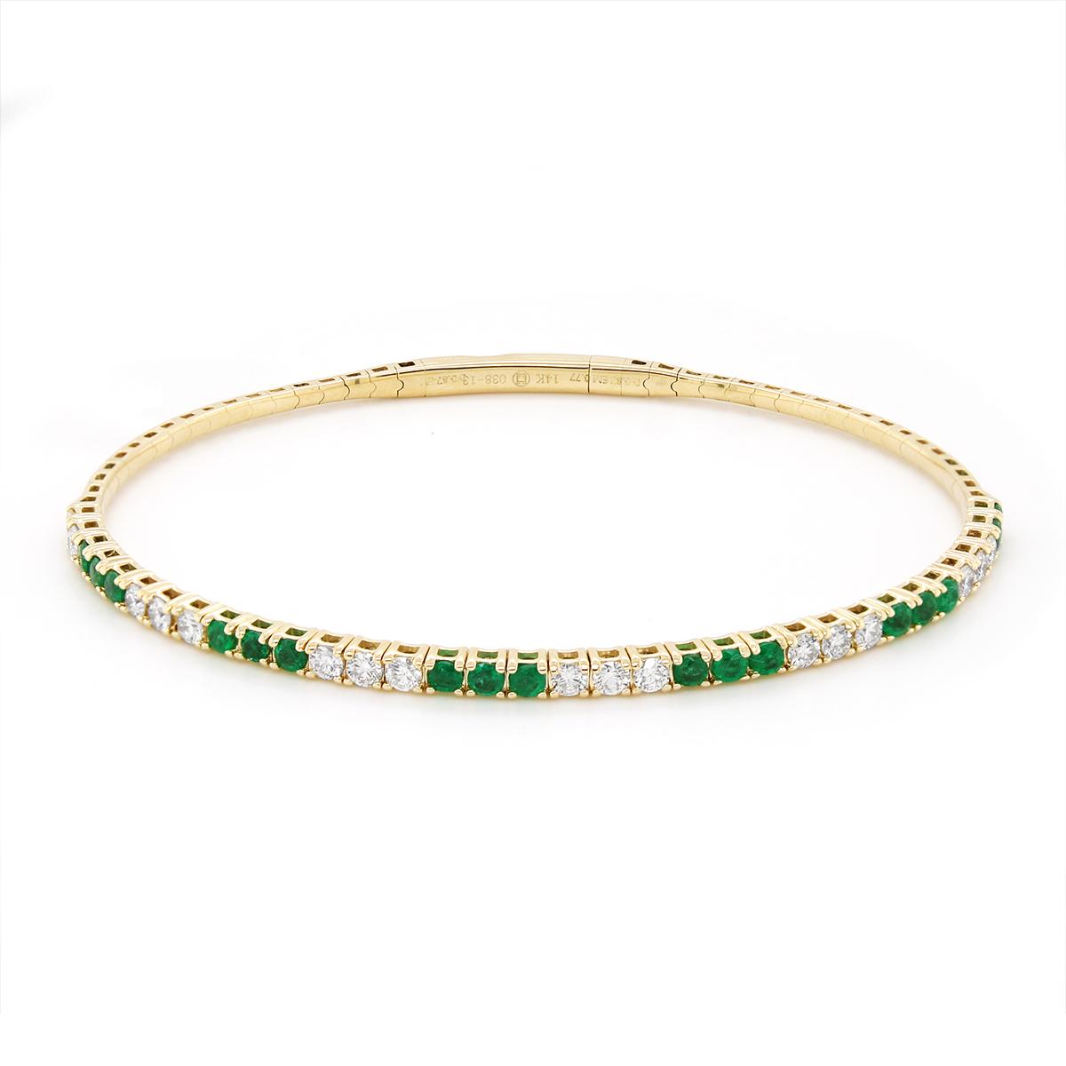 YELLOW GOLD EMERALD AND DIAMOND BANGLE BRACELET, .87 CT TW