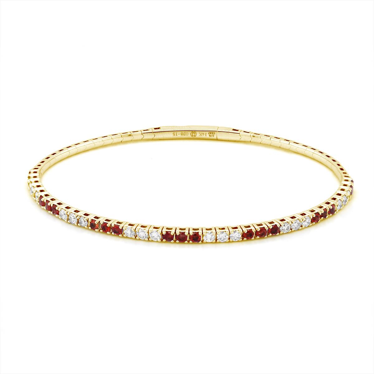 YELLOW GOLD RUBY AND DIAMOND BANGLE BRACELET, .76 CT TW