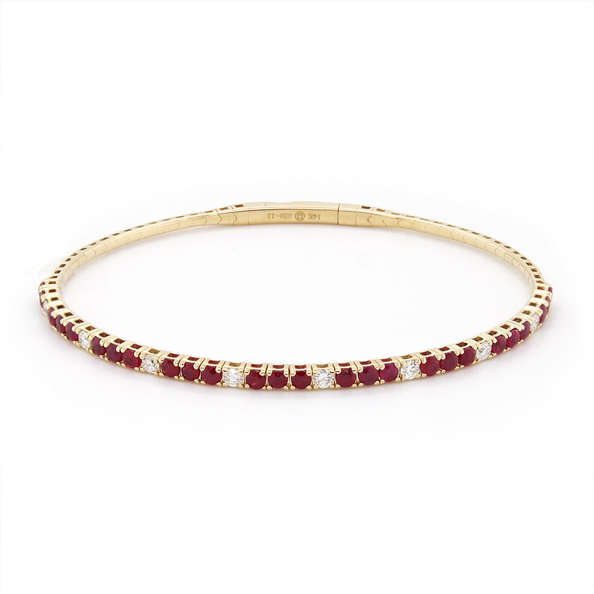 YELLOW GOLD RUBY AND DIAMOND BANGLE BRACELET, .41 CT TW