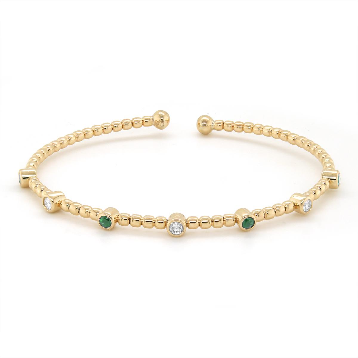 YELLOW GOLD EMERALD AND DIAMODN BANGLE BRACELET, 1/4 CT TW