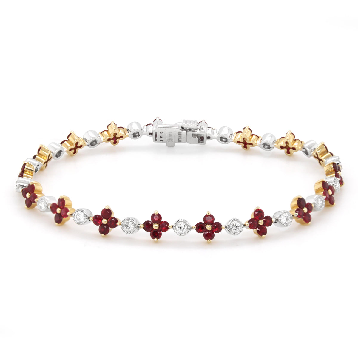 YELLOW GOLD RUBY AND DIAMOND CLOVER BRACELET, .68 CT TW