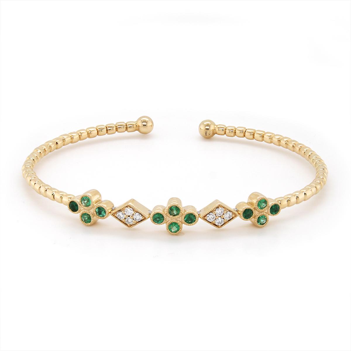 YELLOW GOLD BANGLE BRACELET EMERALDS AND DIAMONDS, 1/2 CT TW