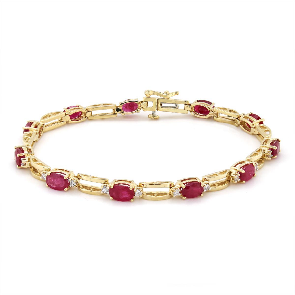 YELLOW GOLD OVAL RUBY AND DIAMOND BRACELET, 1/5 CT TW