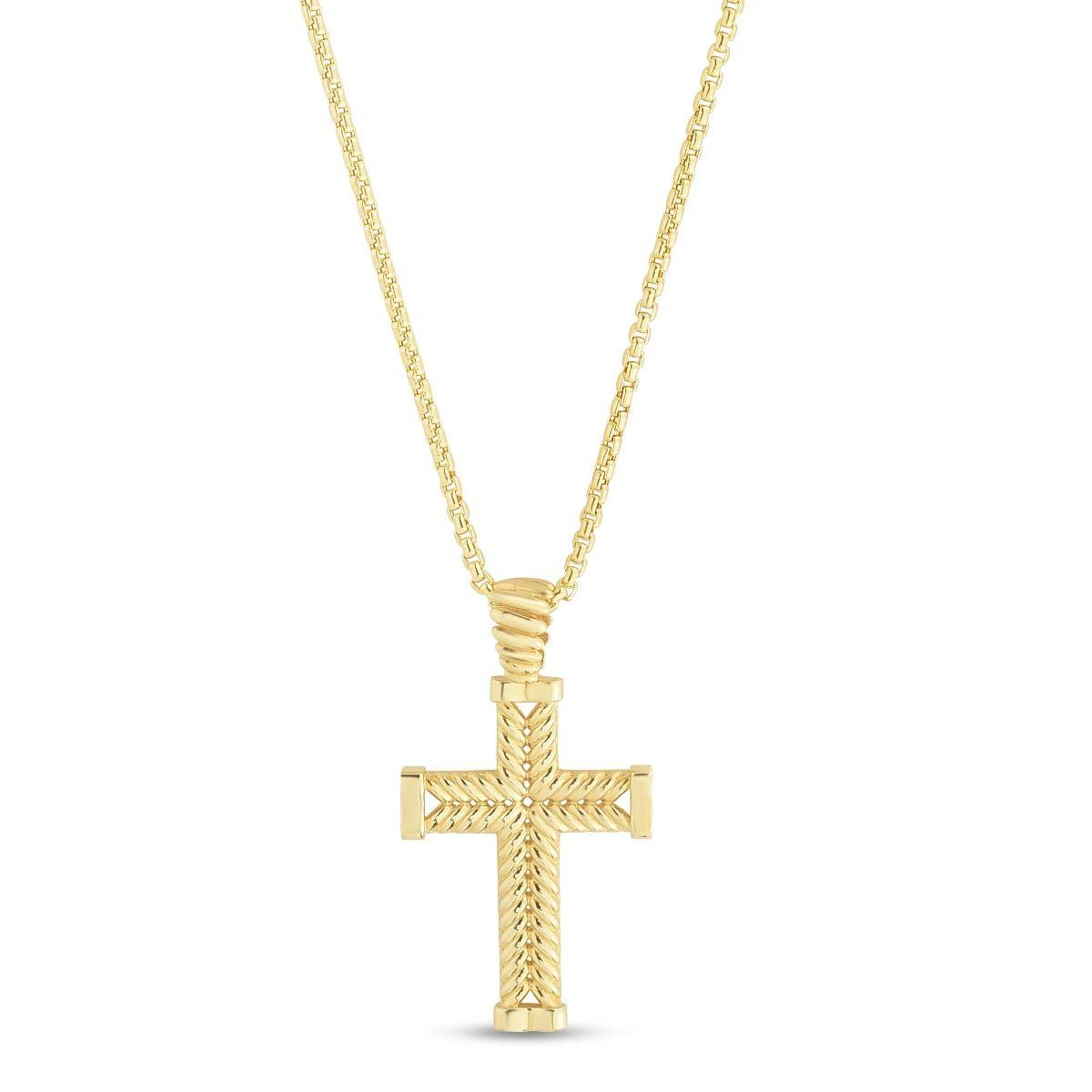 MODERN YELLOW GOLD TEXTURED CROSS PENDANT NECKLACE