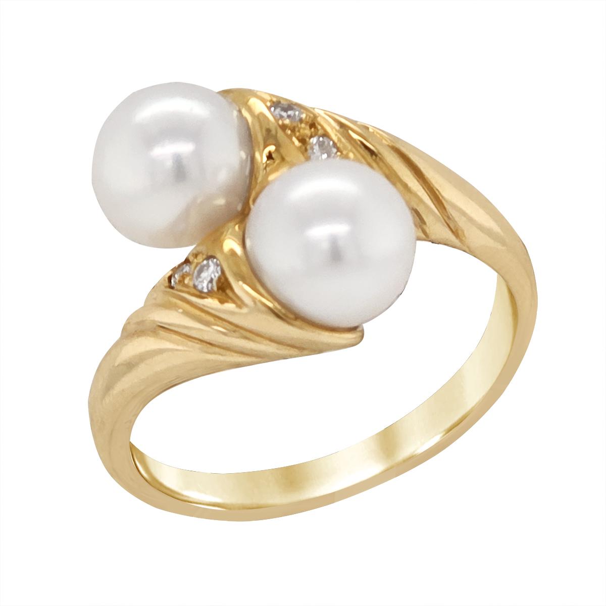 YELLOW GOLD BYPASS STYLE PEARL AND DIAMOND RING, .04 CT TW