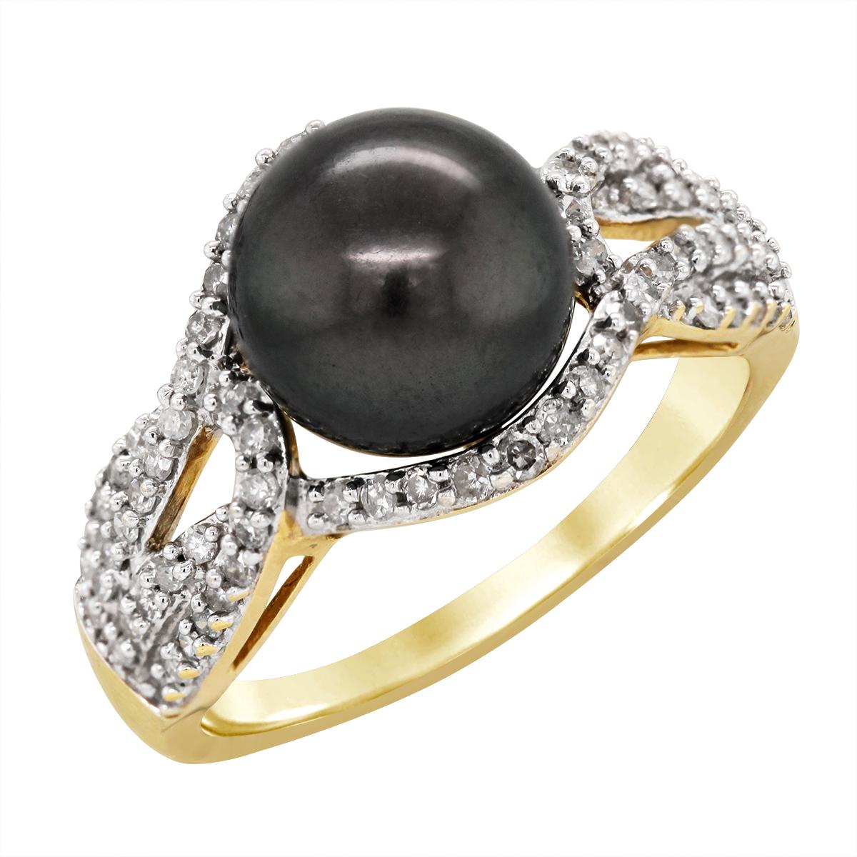 YELLOW GOLD BLACK PEARL AND DIAMOND RING, .42 CT TW