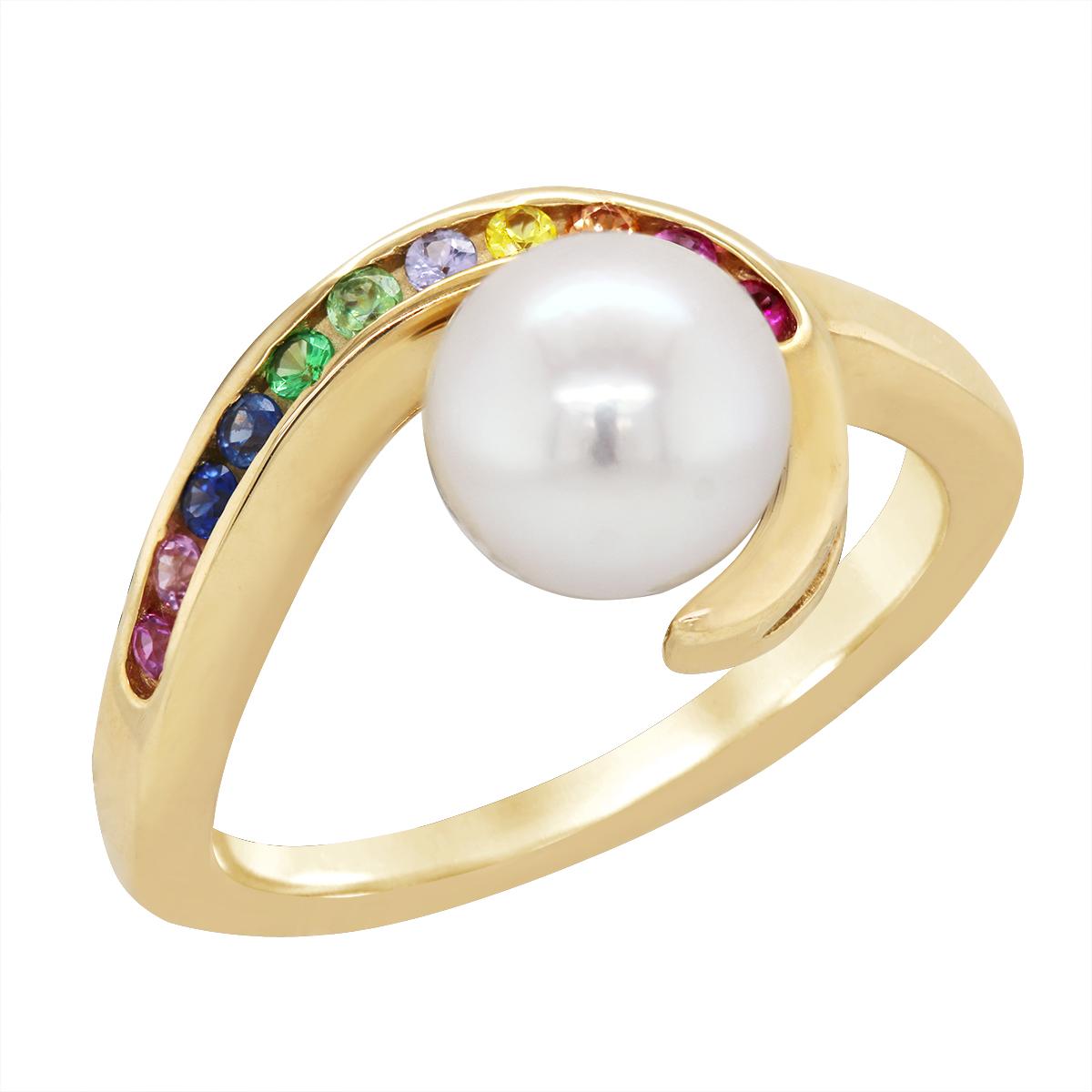 YELLOW GOLD PEARL AND MULTICOLORED GEMSTONE RING