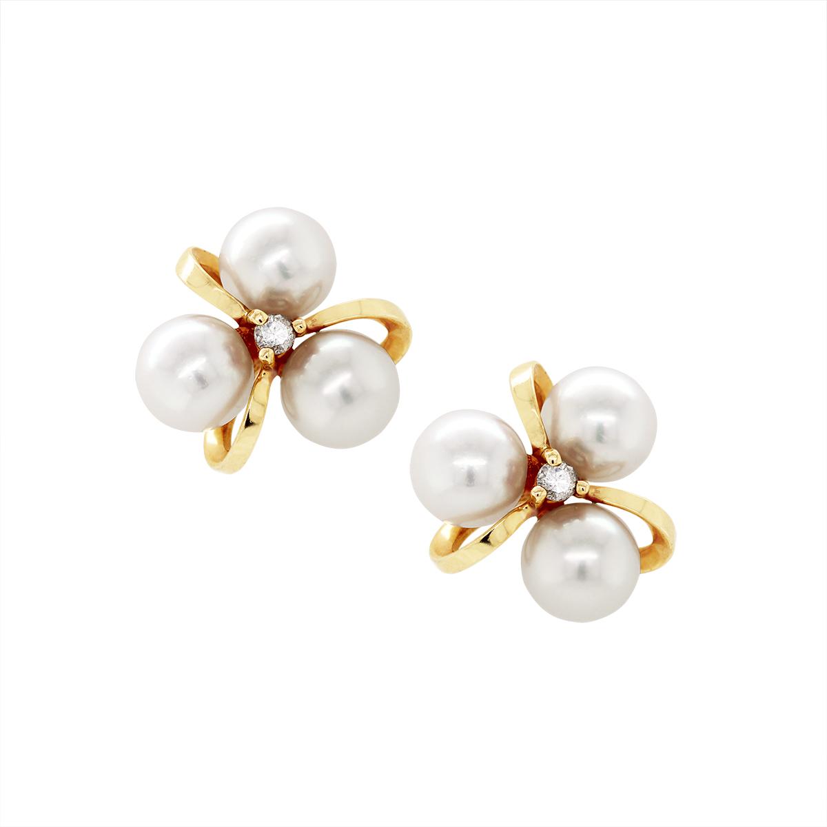 YELLOW GOLD TRIPLE PEARL STUD EARRINGS WITH DIAMONDS, .02 CT TW