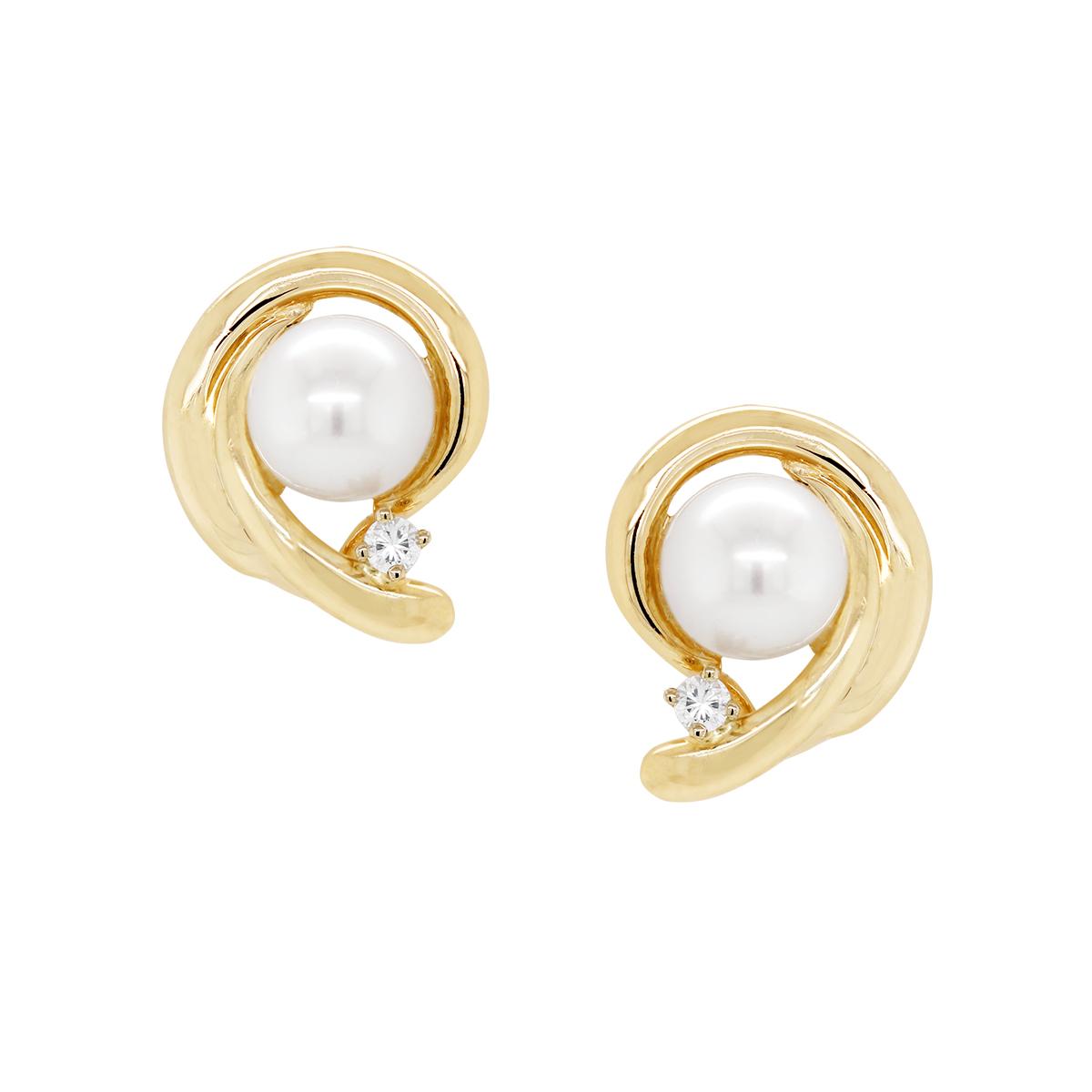 YELLOW GOLD PEARL AND DIAMOND STUD EARRINGS, .06 CT TW