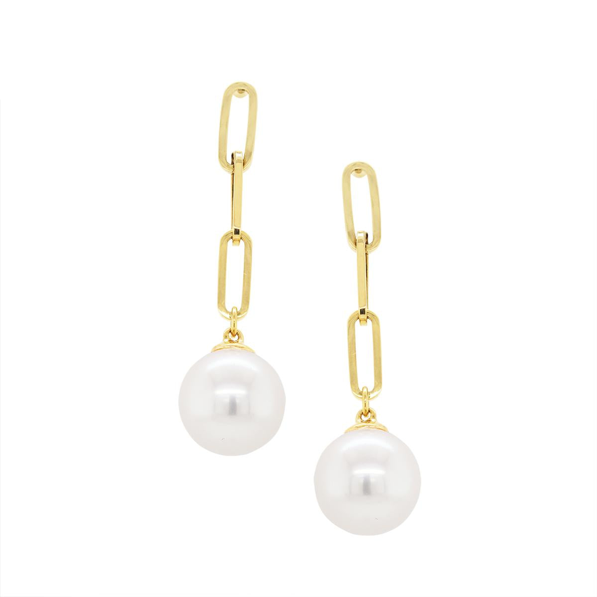 YELLOW GOLD PAPERCLIP DROP EARRINGS WITH PEARLS