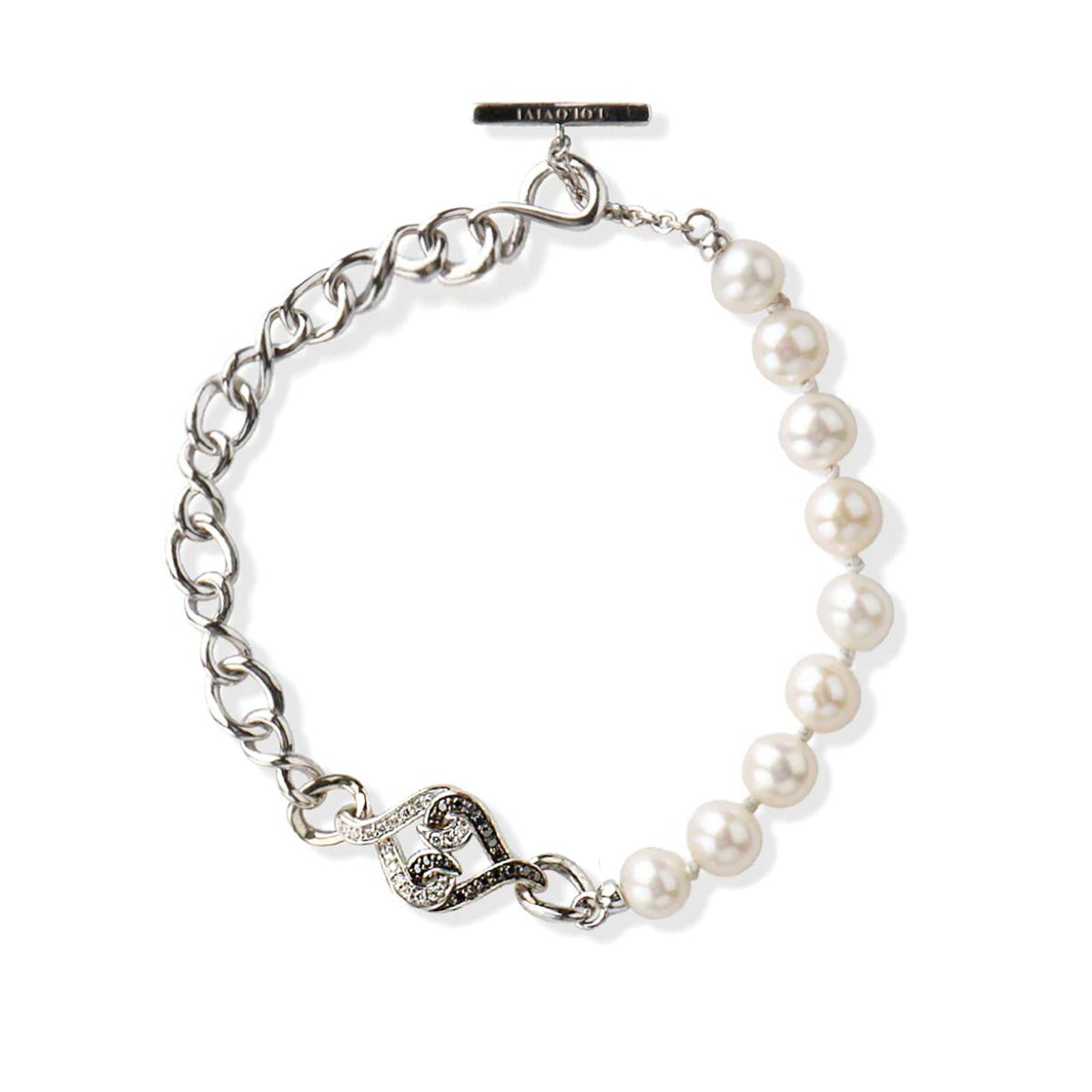STERLING SILVER BRACELET WITH PEARLS AND BLACK AND WHITE SAPPHIRES