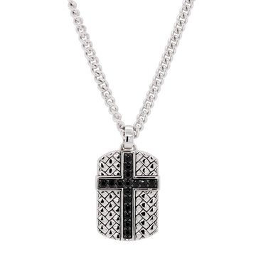 STERLING SILVER AND BLACK SAPPHIRE DOG TAG CROSS PENDANT NECKLACE