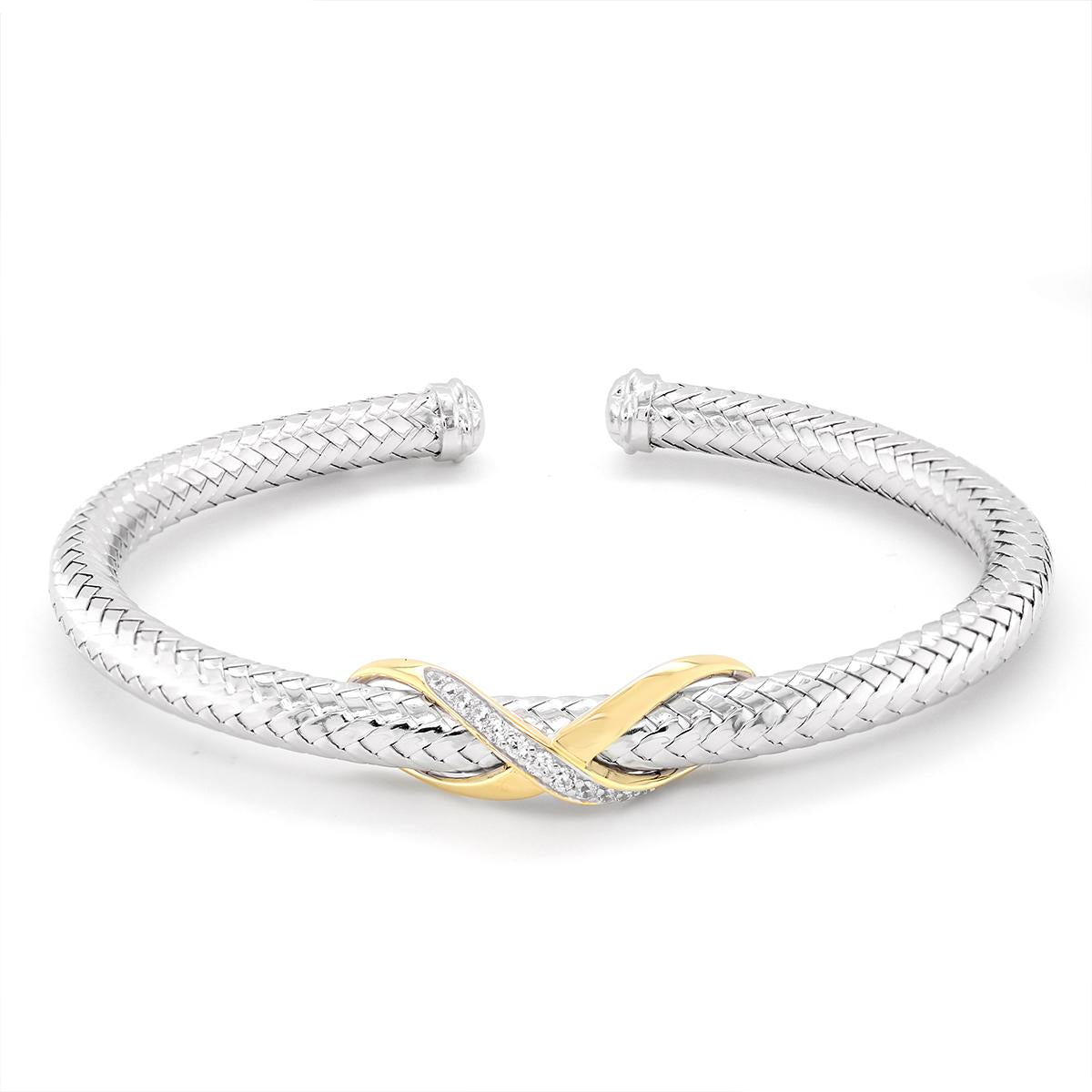 STERLING SILVER OPEN BANGLE BRACELET WITH GOLD CRISS CROSS AND CUBIC ZIRCONIAS