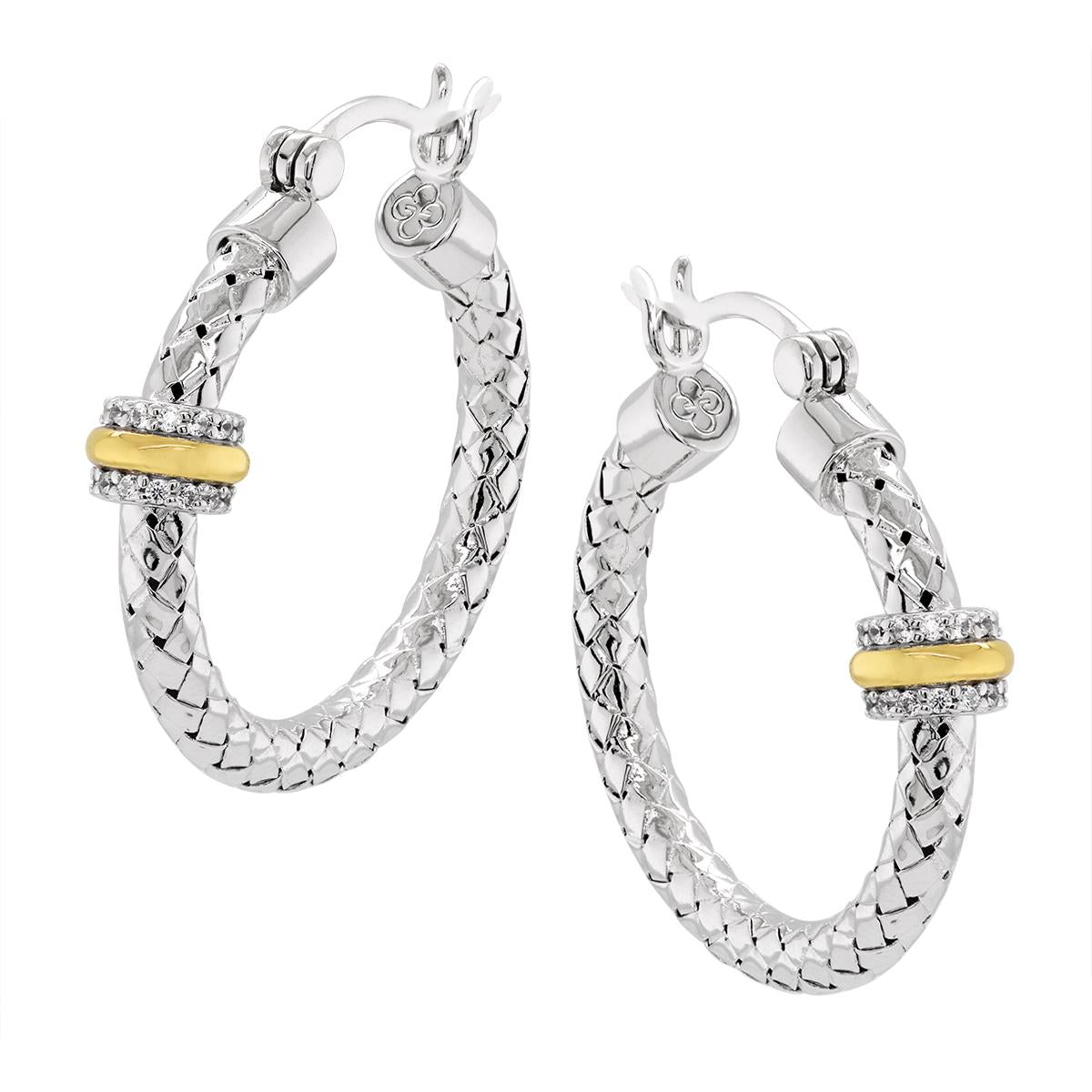 STERLING SILVER HOOP EARRINGS WITH GOLD AND CUBIC ZIRCONIA ACCENTS