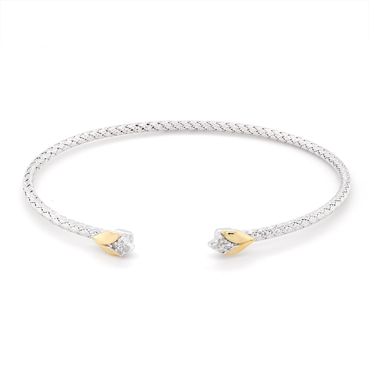 STERLING SILVER OPEN BANGLE WITH CLUSTER SET CUBIC ZIRCONIA AND GOLD ACCENTS