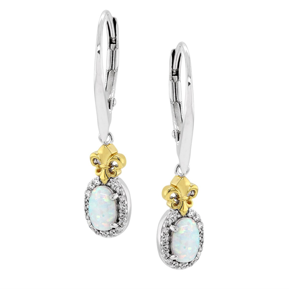 STERLING SILVER DANGLE EARRINGS WITH OPALS AND CUBIC ZIRCONIA HALOS