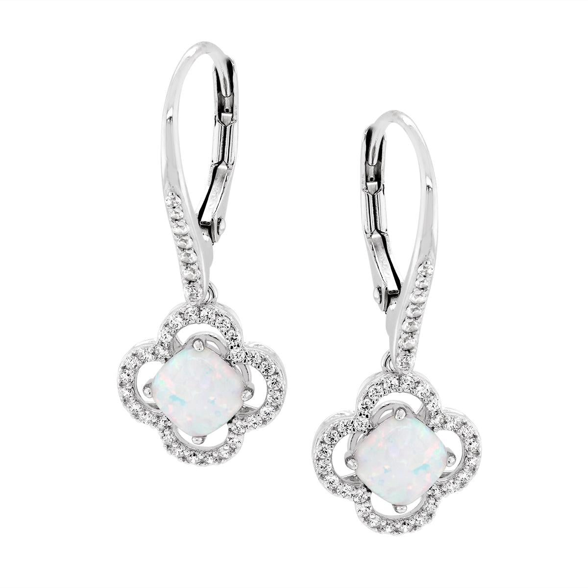 STERLING SILVER DANGLE OPAL EARRINGS WITH CUBIC ZIRCONIAS