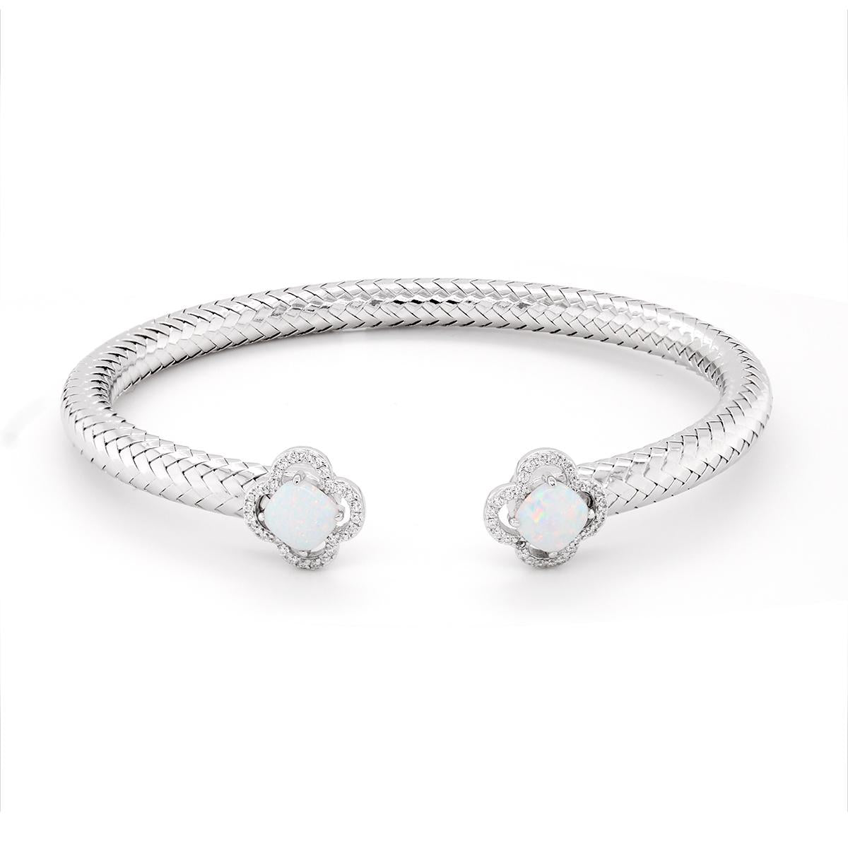 STERLING SILVER OPEN BANGLE BRACELET WITH OPALS AND CUBIC ZIRCONIA