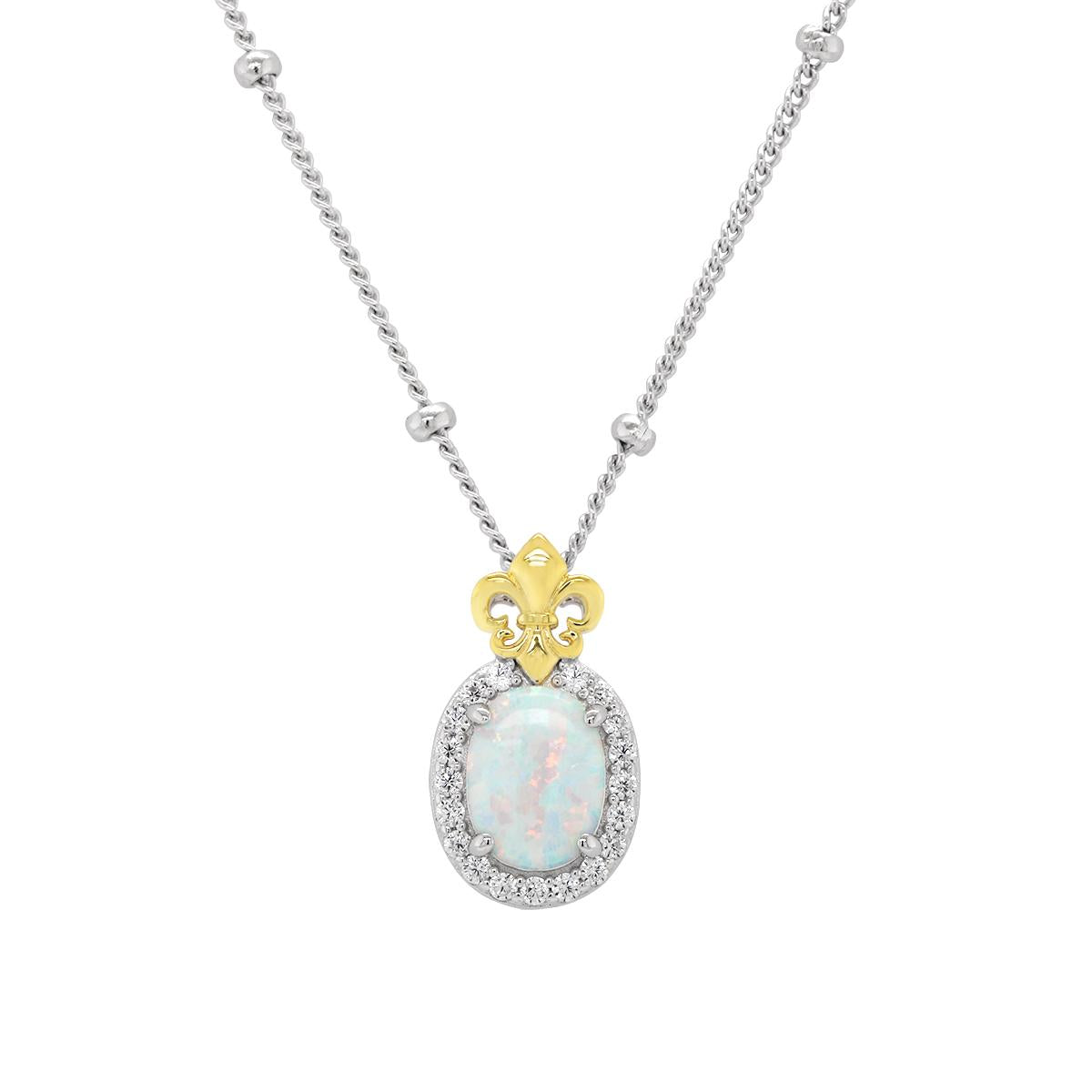 STERLING SILVER OPAL PENDANT WITH GOLD ACCENTS AND CZ HALO