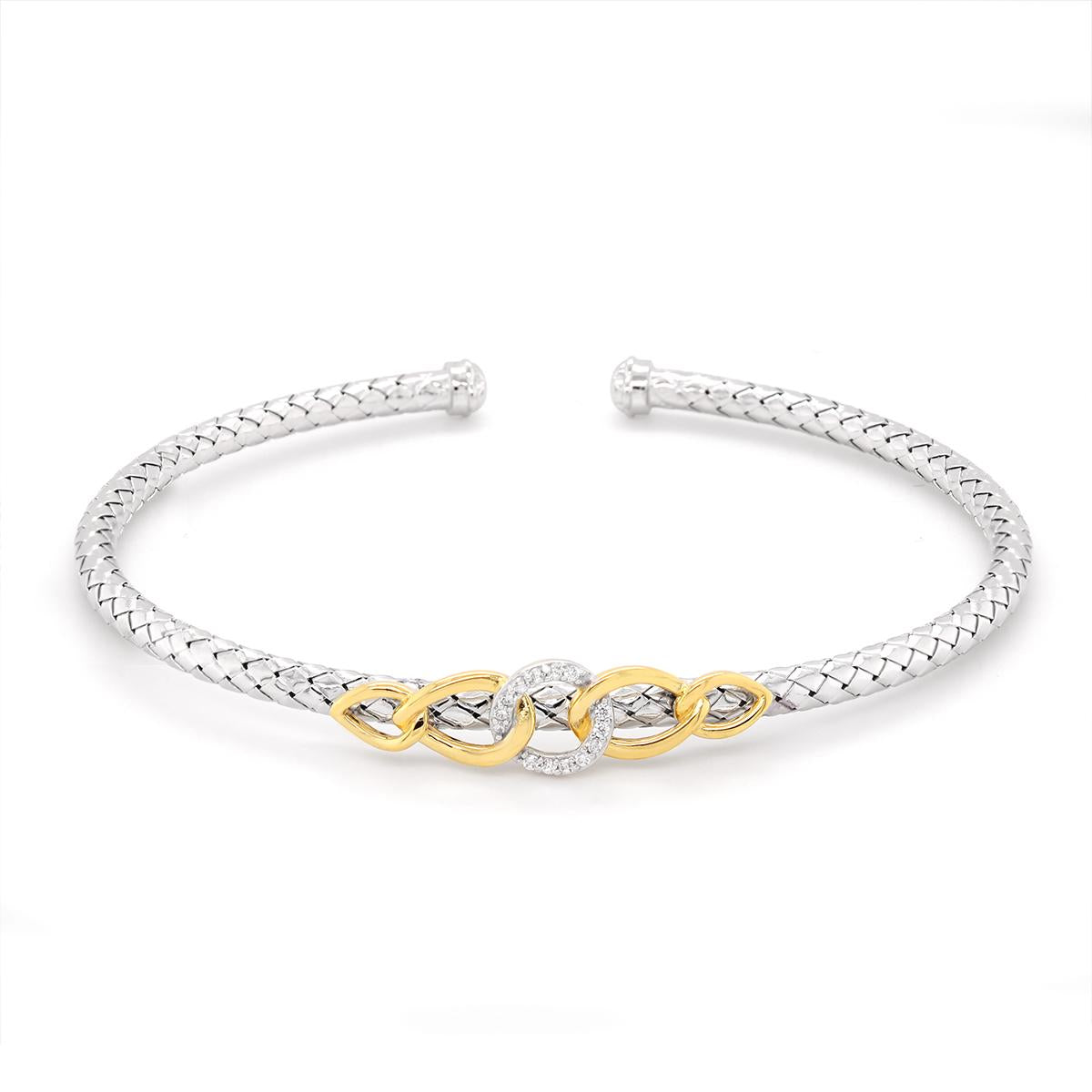 STERLING SILVER OPEN BANGLE BRACELET WITH GOLD PLATED RINGS