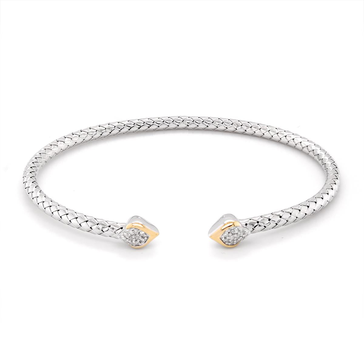 STERLING SILVER OPEN BANGLE BRACELET WITH CLUSTER CUBIC ZIRCONIA AND YELLOW GOLD