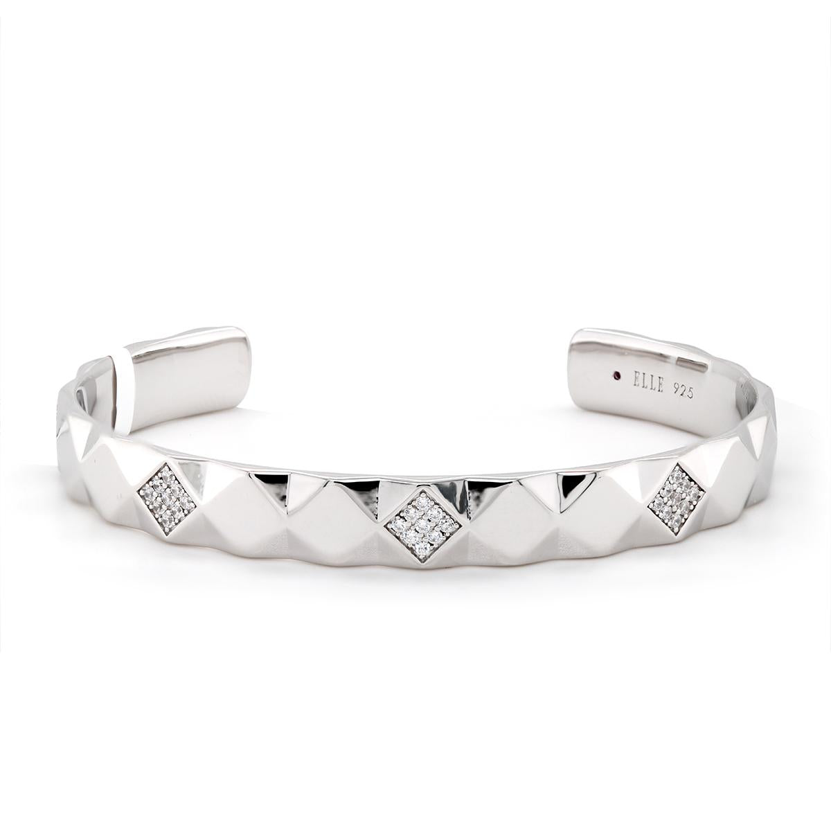 STERLING SILVER CUFF BANGLE BRACELET WITH GEOMETRIC TEXTURING AND CZS