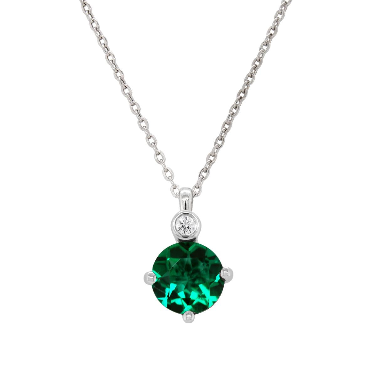 STERLING SILVER NECKLACE WITH LAB GROWN EMERALD AND DIAMOND ACCENTS, .02 CT