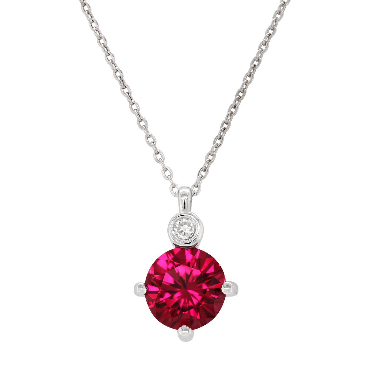 STERLING SILVER NECKLACE WITH LAB GROWN RUBY AND DIAMOND ACCENT, .02 CT