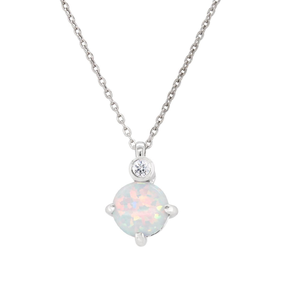 STERLING SILVER NECKLACE WITH LAB GROWN OPAL AND DIAMOND ACCENT, .02 CT