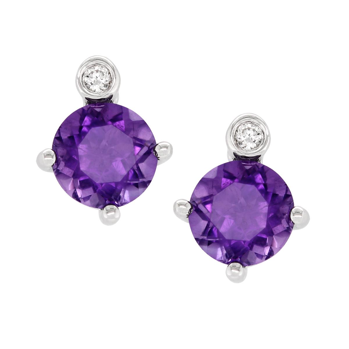 STERLING SILVER STUDS WITH AMETHYSTS AND LAB GROWN DIAMOND ACCENTS, .02 CT TW