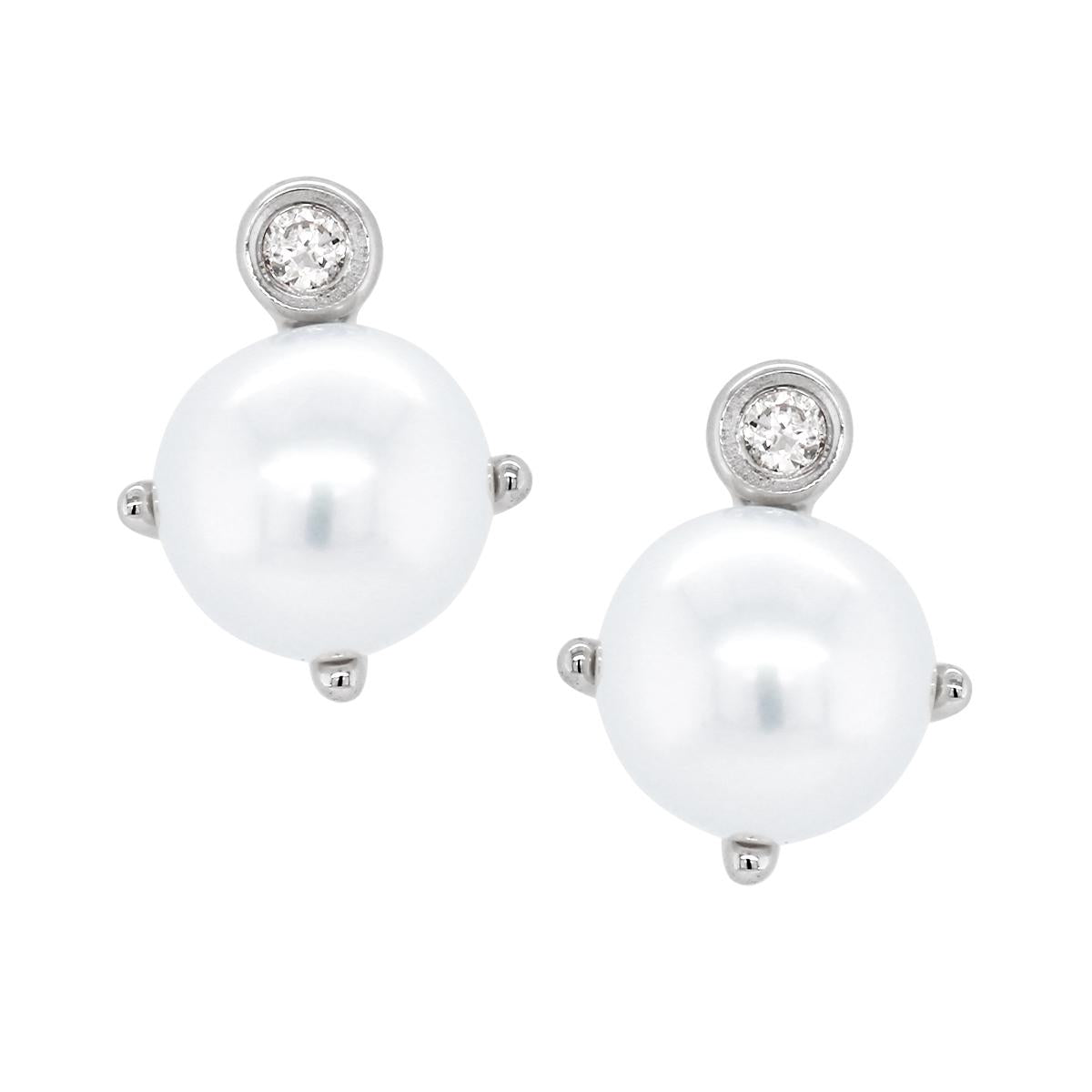 STERLING SILVER STUDS WITH PEARLS AND LAB GROWN DIAMOND ACCENTS, .02 CT TW
