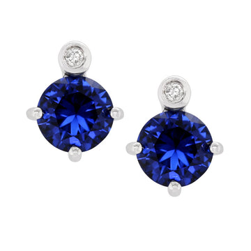 STERLING SILVER STUDS WITH LAB GROWN SAPPHIRE AND DIAMOND ACCENTS, .02 CT TW