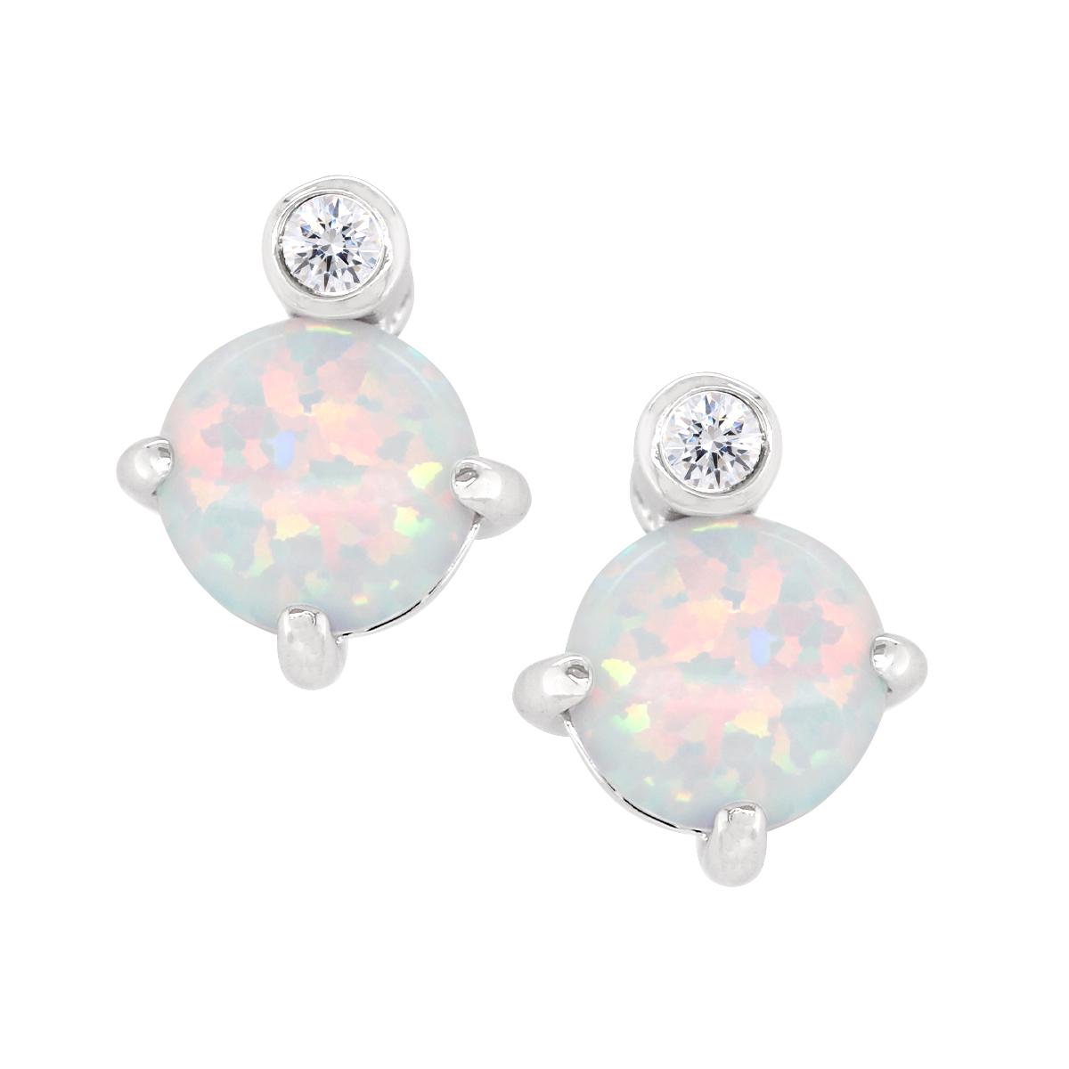 STERLING SILVER STUDS WITH LAB GROWN OPALS AND DIAMOND ACCENTS, .02 CT TW