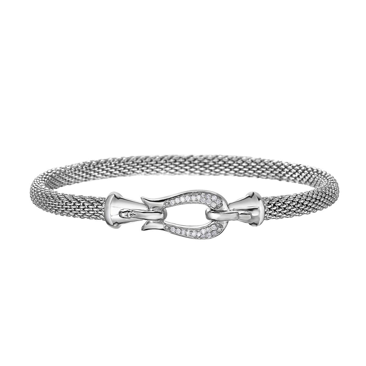 STERLING SILVER BANGLE BRACELET WITH HORSESHOE CLASP AND DIAMONDS, .13 CT TW