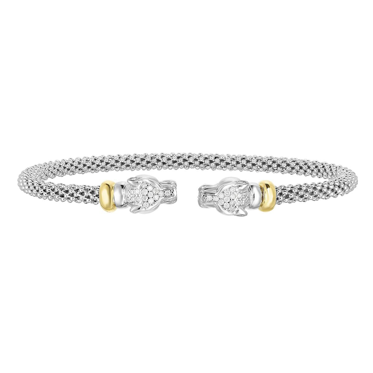 STERLING SILVER AND GOLD BANGLE BRACELET WITH PANTHERS AND DIAMONDS, .15 CT TW