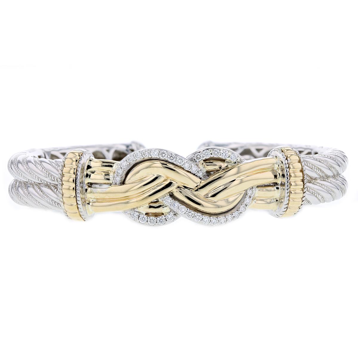 SCULPTED DESIGN SILVER AND GOLD BANGLE BRACELET WITH DIAMONDS, .54 CT TW