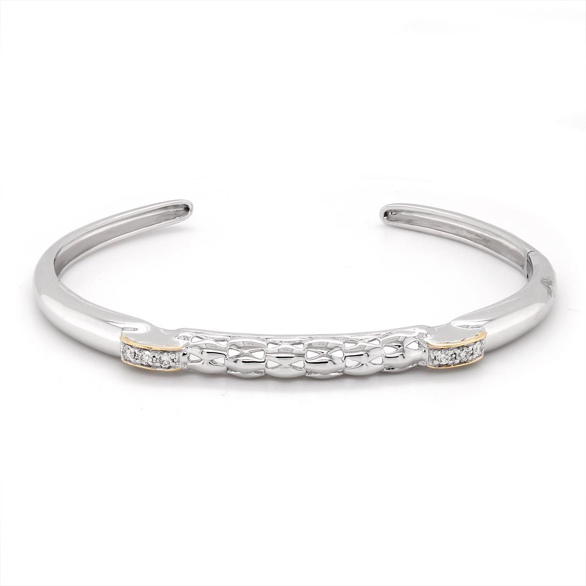 SILVER AND GOLD HINGED BANGLE WITH TEXTURED FINISH AND DIAMONDS, 1/5 CT TW