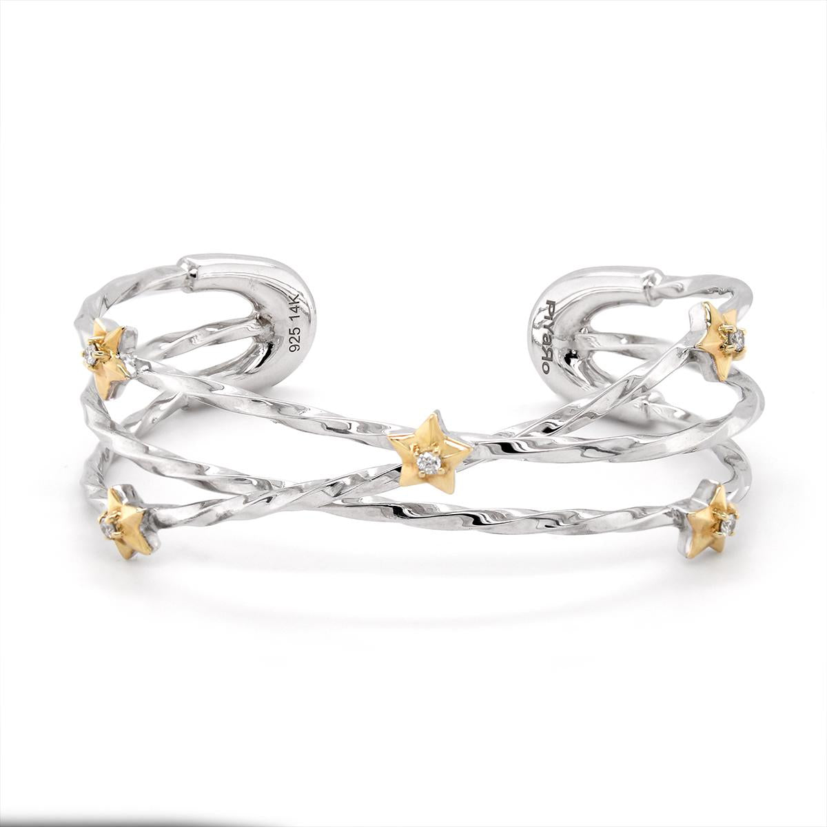 STERLING SILVER TANGLED BANGLE BRACELET WITH GOLD AND DIAMONDS, .21 CT TW