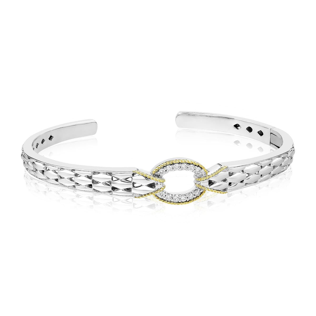 STERLING SILVER HINGED BANGLE WITH GOLD AND DIAMONDS, .19 CT TW