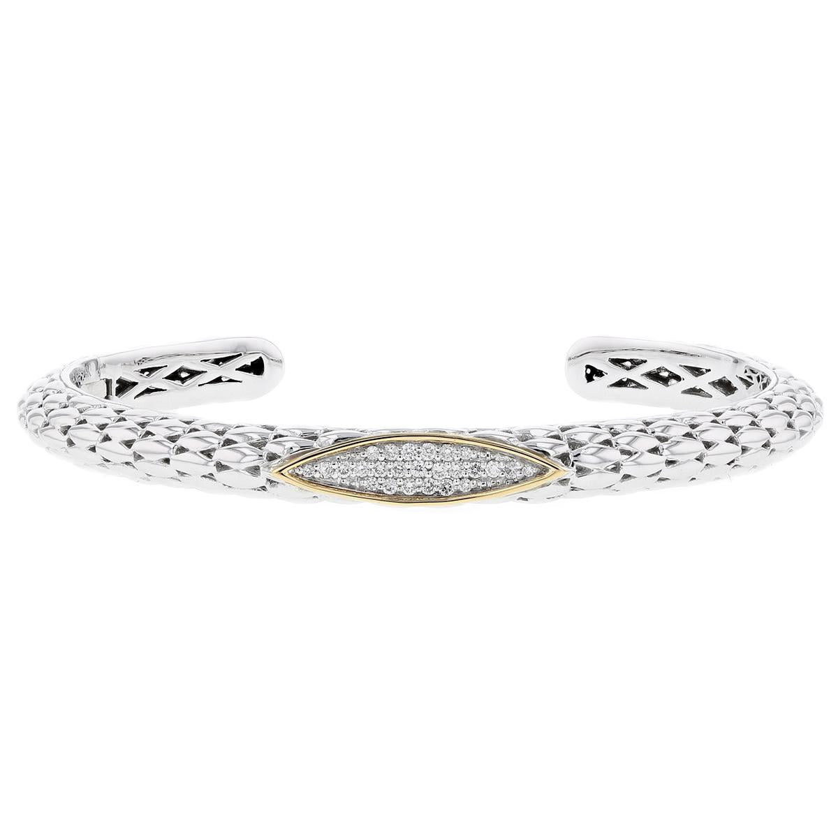 VINTAGE STYLE SILVER HINGED BANGLE WITH DIAMOND PAVE AND GOLD ACCENTS, 1/3 CT TW