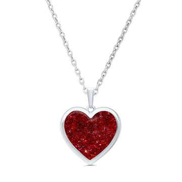 STERLING SILVER CRUSHED RED RUBY HEART PENDANT NECKLACE