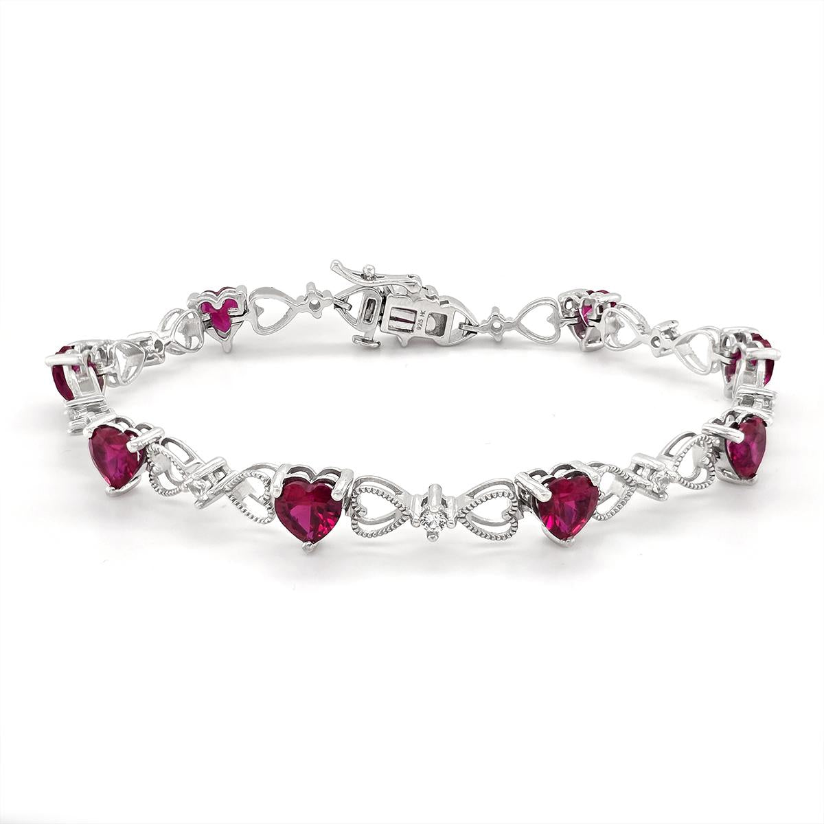 STERLING SILVER LAB GROWN HEART SHAPED RUBY BRACELET