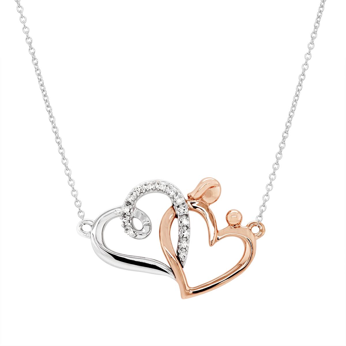 ROSE GOLD PLATED SILVER DOUBLE HEART PENDANT, .05 CT TW