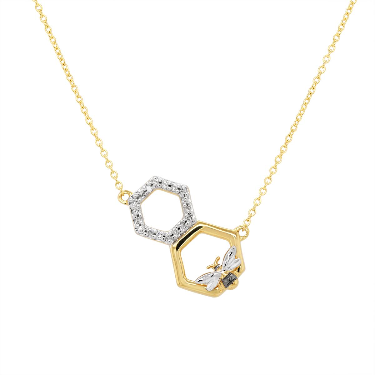 GOLD PLATED SILVER HONEYCOMB AND BEE PENDANT, .05 CT TW