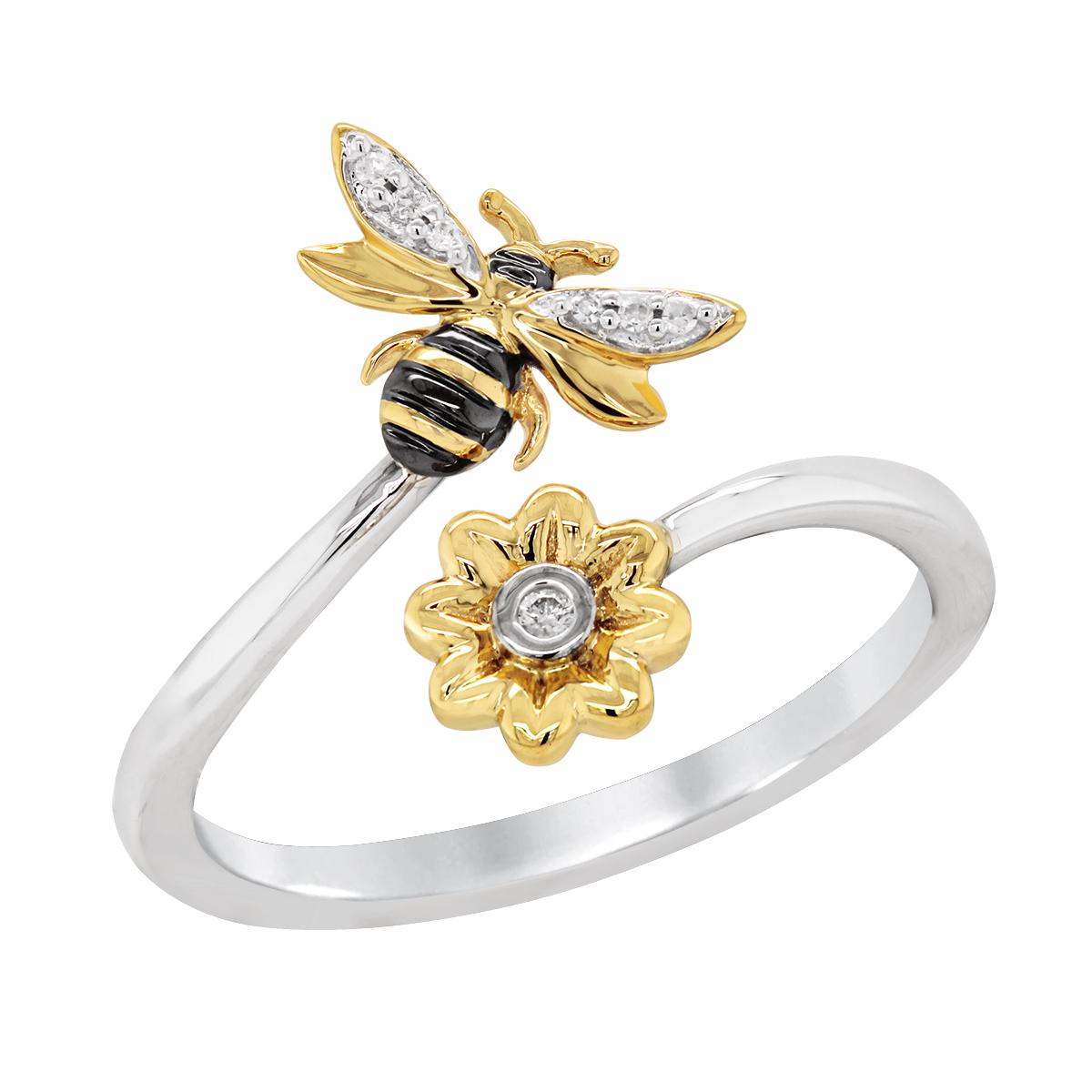 GOLD PLATED SILVER BEE AND FLOWER DIAMOND RING, .02 CT TW