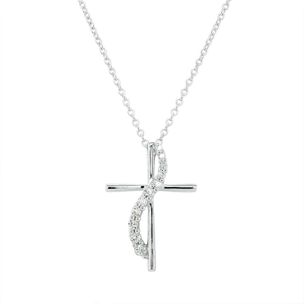 STERLING SILVER CROSS PENDANT WITH ROW OF DIAMONDS, .10 CT TW