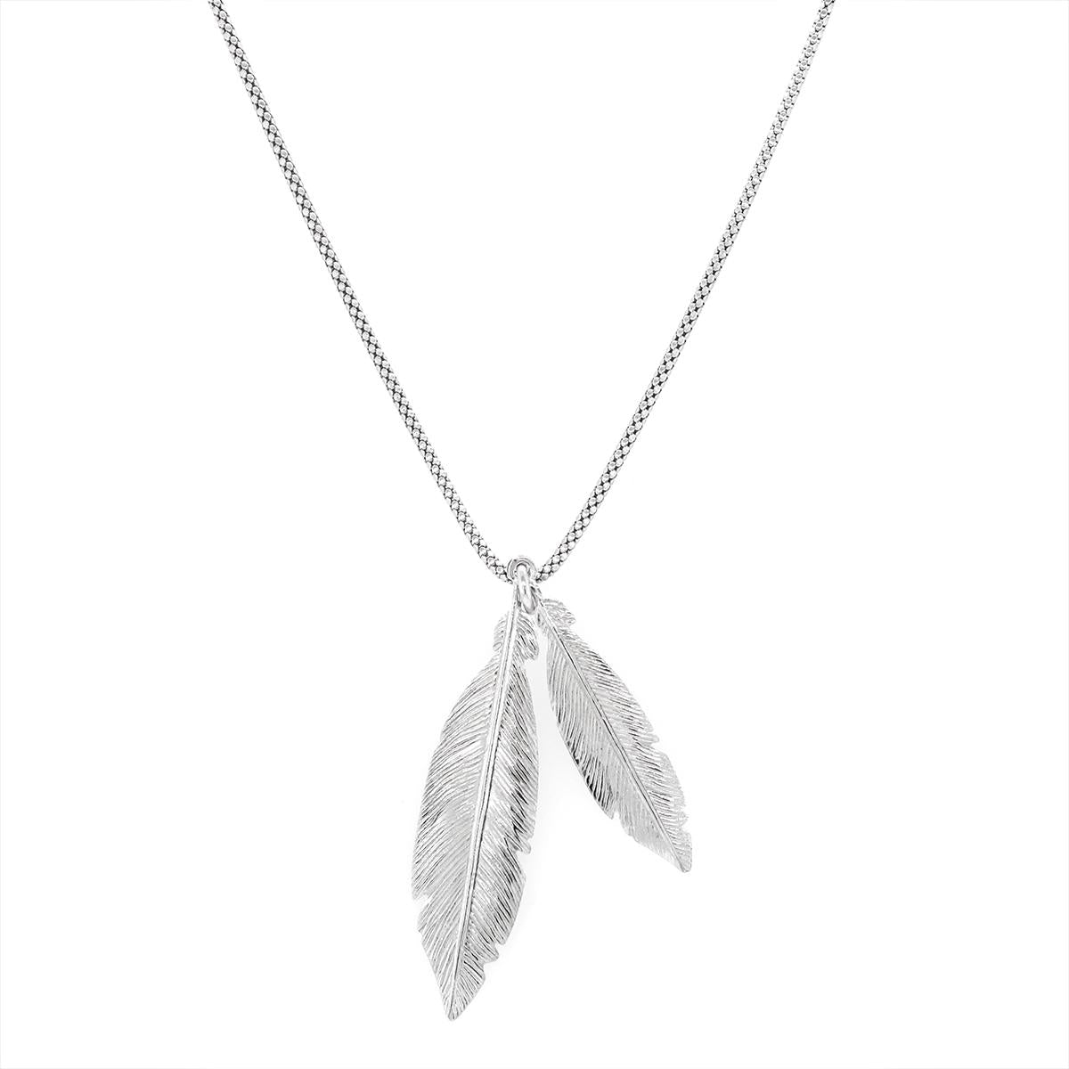 STERLING SILVER DOUBLE FEATHER PENDANT NECKLACE