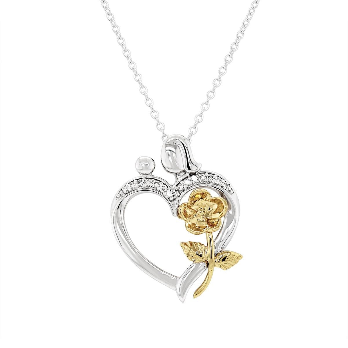 GOLD PLATED STERLING SILVER FLOWER HEART PENDANT, .05 CT TW