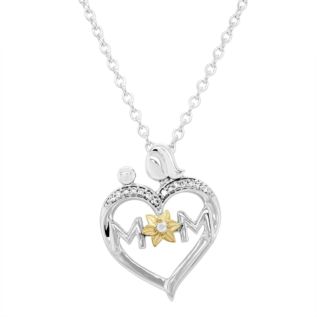 GOLD PLATED STERLING SILVER MOM HEART PENDANT, .05 CT TW